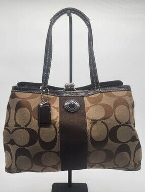 Coach Ashley Signature Kisslock Carryall Tote Brown F19190